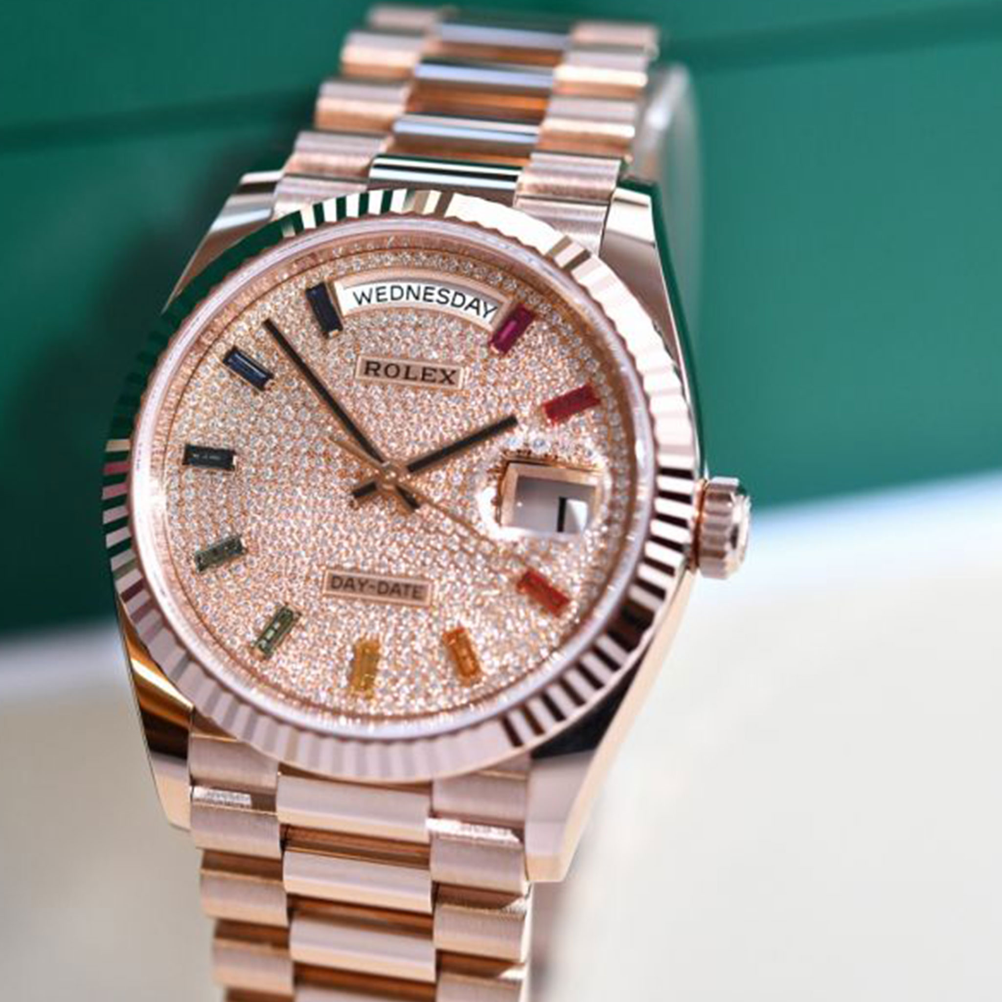 rolex day-date, rose gold diamond-paved dial, rainbow sapphire markers-2ToneVintage Watches Singapore - 5