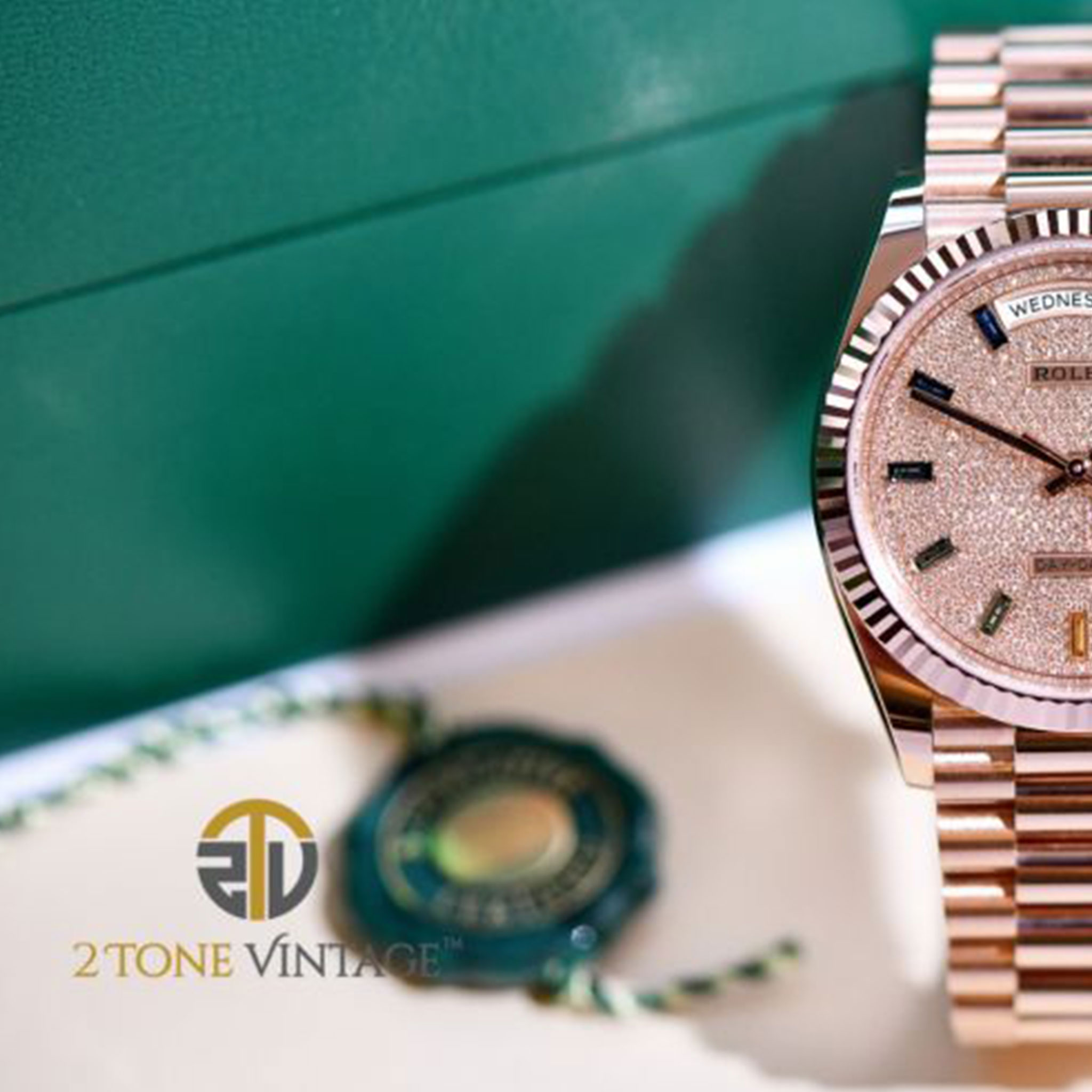 rolex day-date, rose gold diamond-paved dial, rainbow sapphire markers-2ToneVintage Watches Singapore
