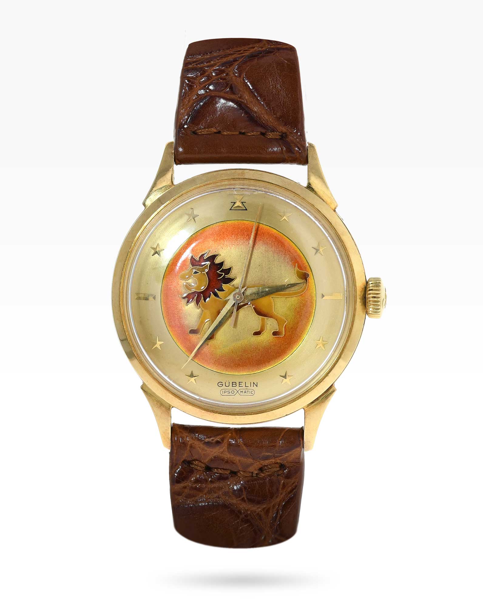 Rare Vintage Gubelin Ipso Matic Yellow Gold Watch with Enamel Painting of Leo, The Lion - 2ToneVintage Watches