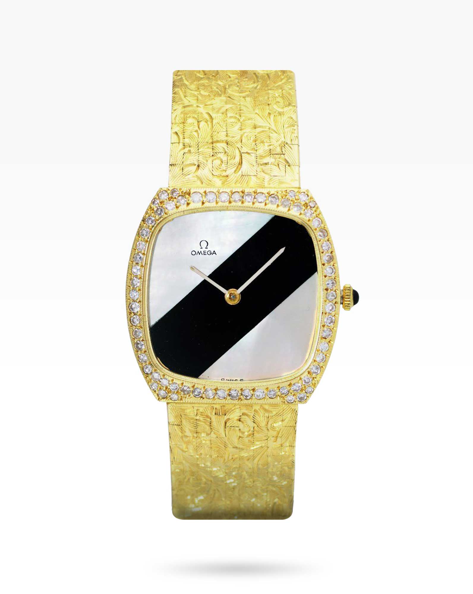 Omega Mother of Pearl & Onyx Dial with Diamond-set Bezel Gold Bracelet Watch for Ladies - 2ToneVintage Watches