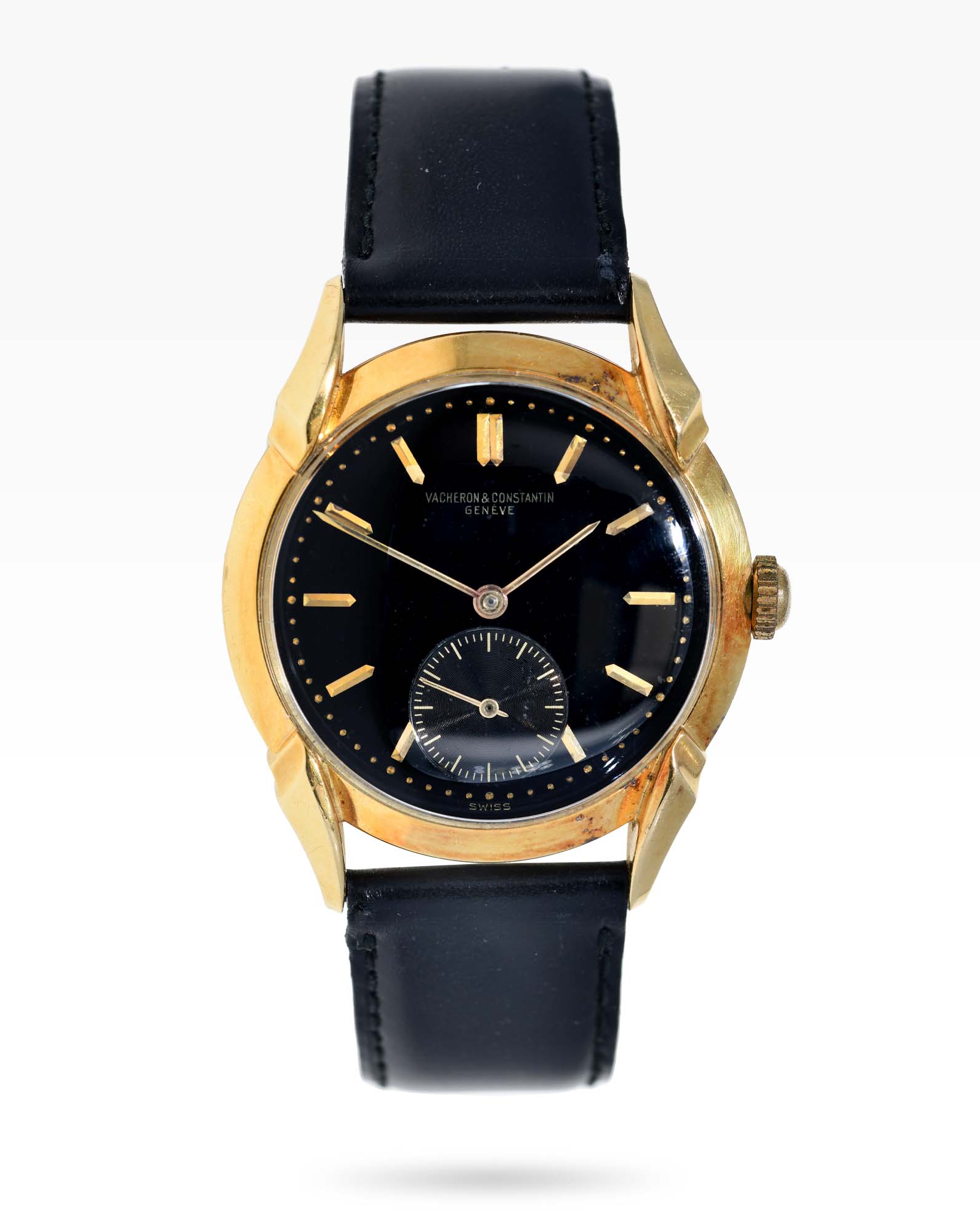 Rare Vacheron Constantin Yellow Gold Black Dial Dress Watch with overhanding Fancy Lugs