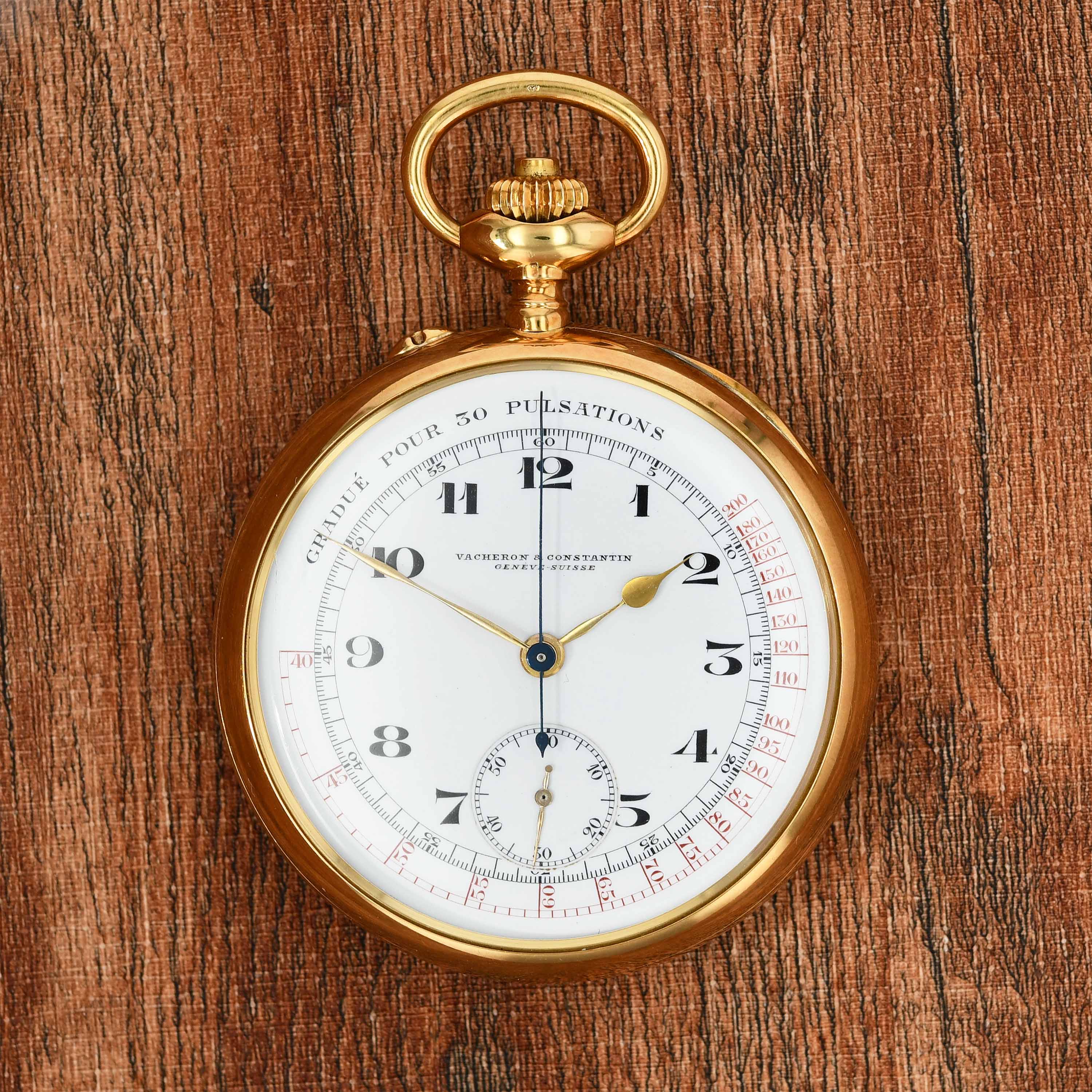 Vacheron Constantin Doctor’s pocket watch, chronograph, pulsometer scale, enamel dial in yellow gold img main2