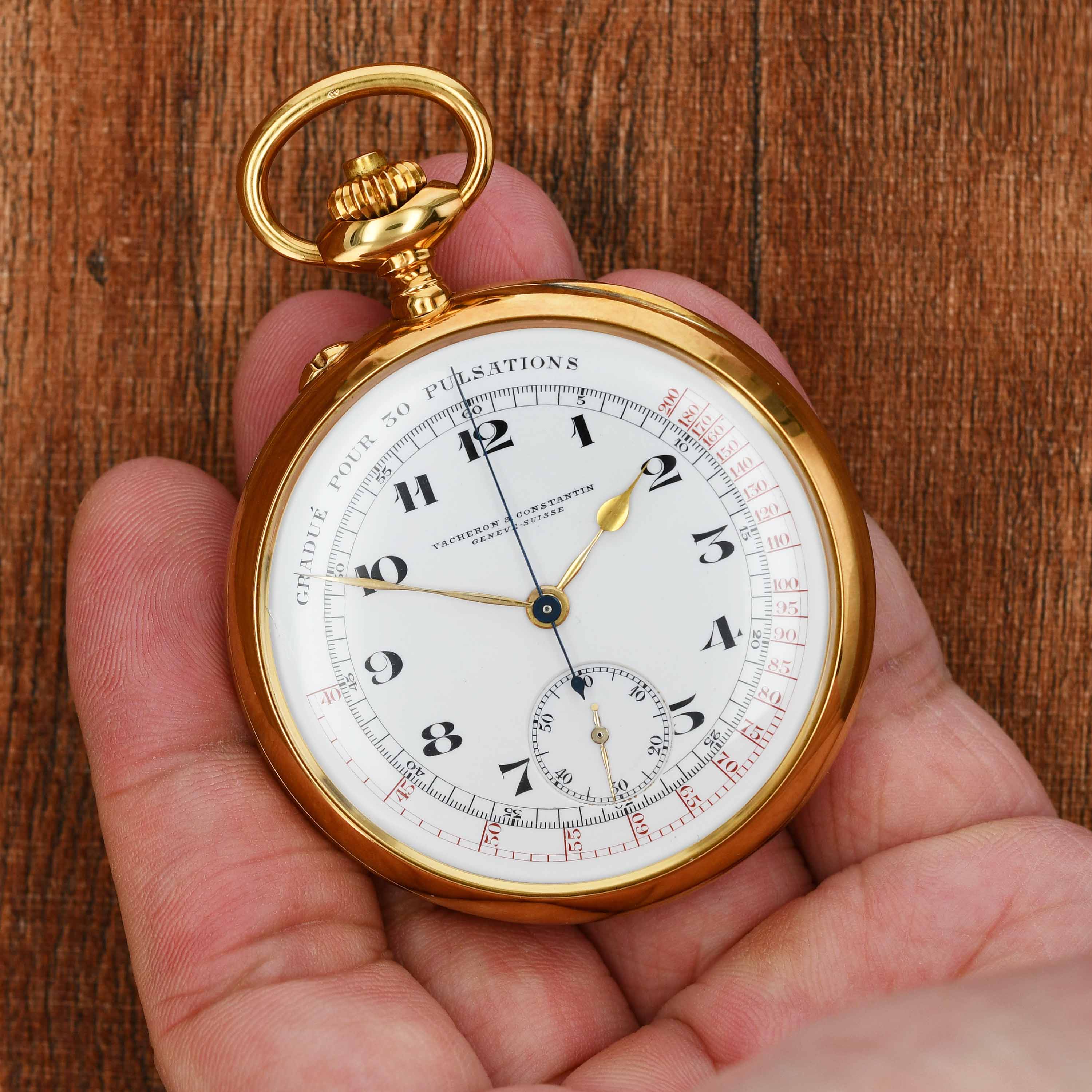 Vacheron Constantin Doctor’s pocket watch, chronograph, pulsometer scale, enamel dial in yellow gold img main3